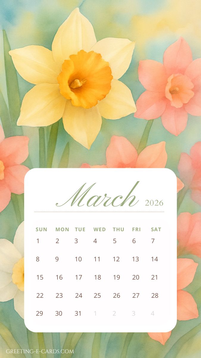 Floral March 2026 Calendar Phone Wallpaper - Free E-card no sign up