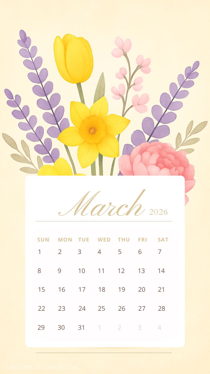 Floral March 2026 Calendar Phone Wallpaper - Free E-card no sign up