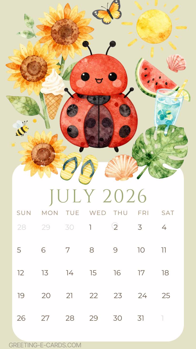 July 2026 Calendar Phone Wallpaper with Cute Ladybug - Free E-card no sign up