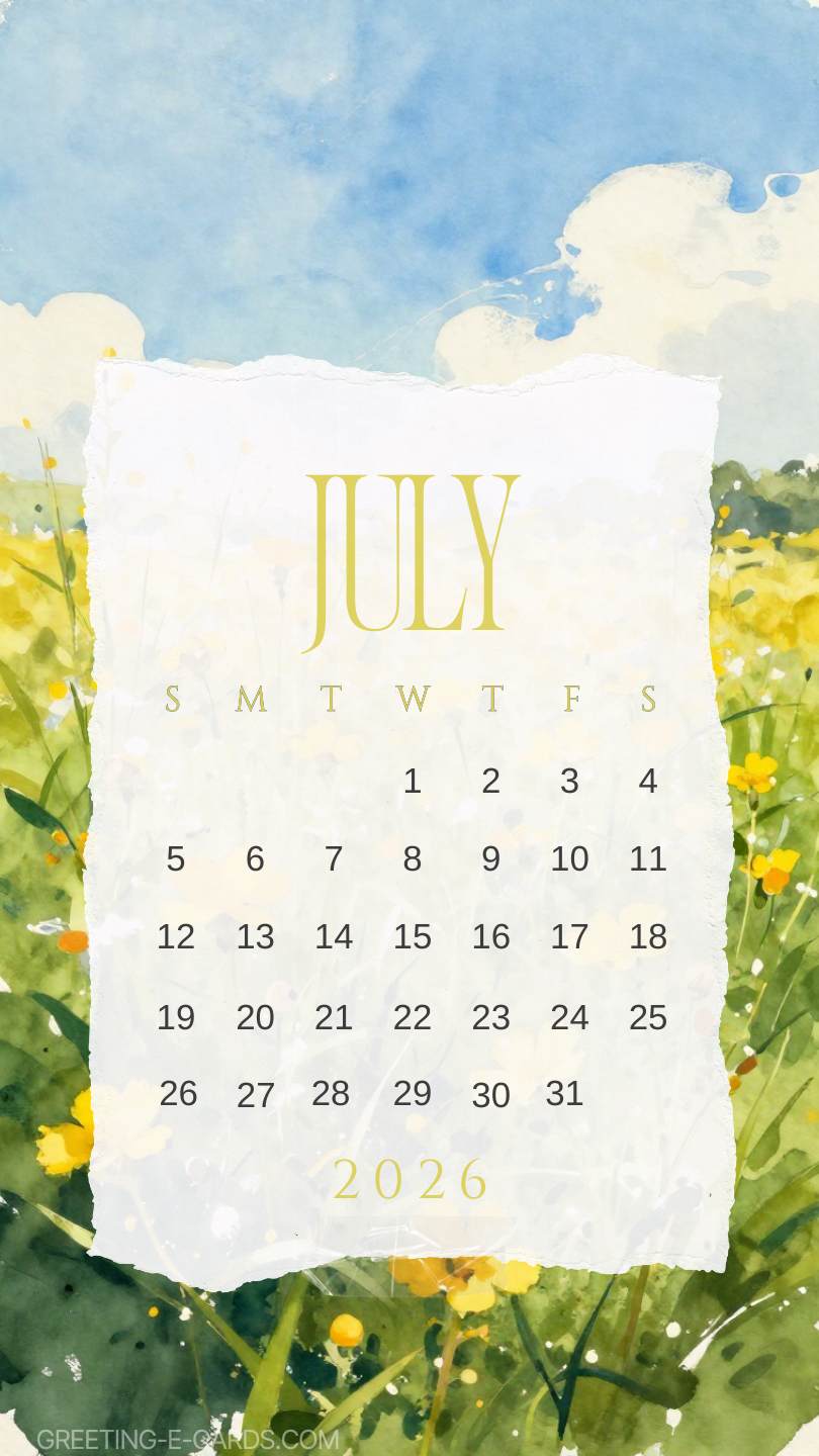 July 2026 Calendar Phone Wallpaper with Summer Flowers - Free E-card no sign up