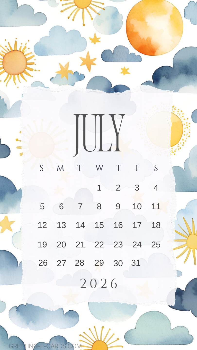 July 2026 Calendar Phone Wallpaper with Sun and Clouds - Free E-card no sign up