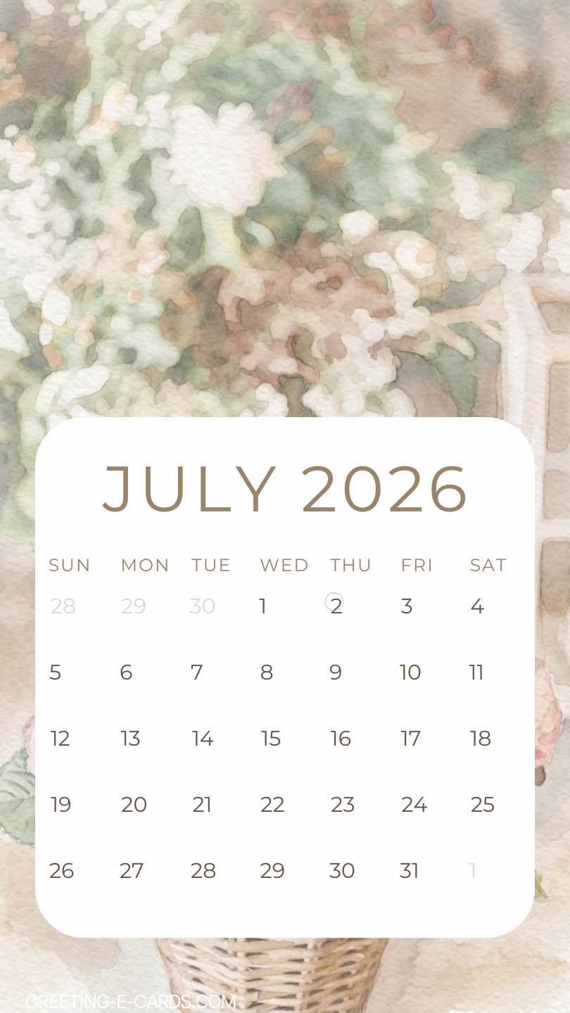 July 2026 Floral Calendar Phone Wallpaper - Free E-card no sign up