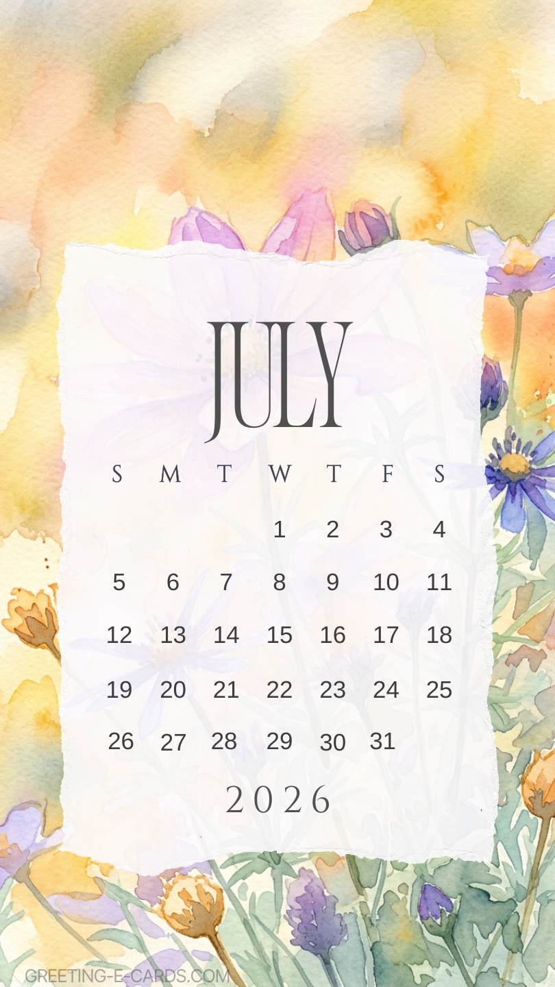 July 2026 Floral Calendar Phone Wallpaper - Free E-card no sign up