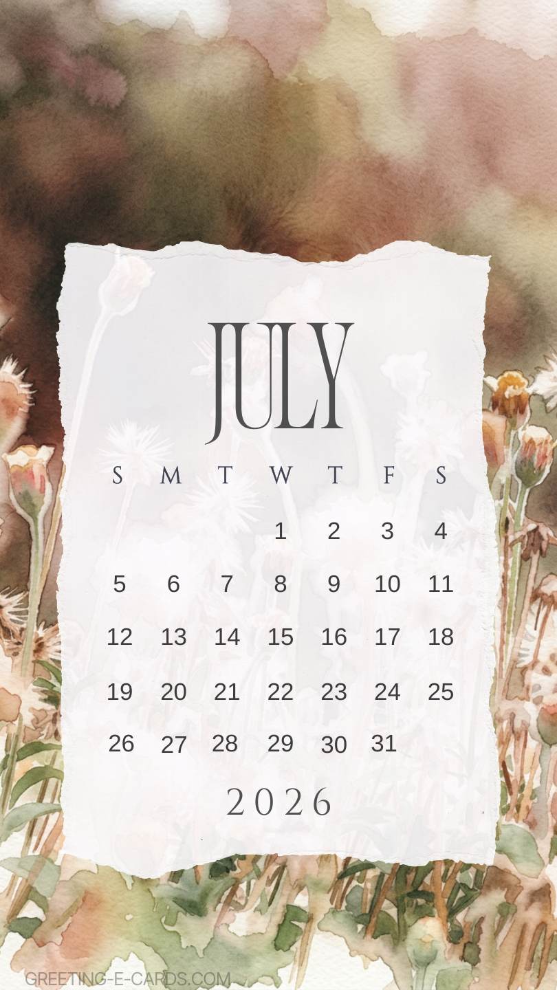 July 2026 Floral Calendar Phone Wallpaper - Free E-card no sign up