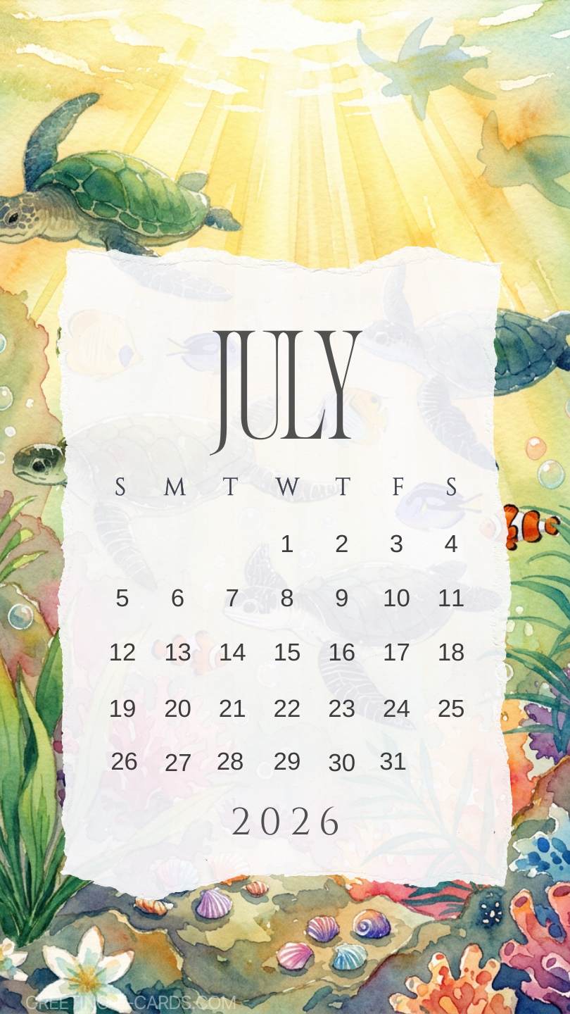 July 2026 Sea Turtle Calendar Phone Wallpaper - Free E-card no sign up