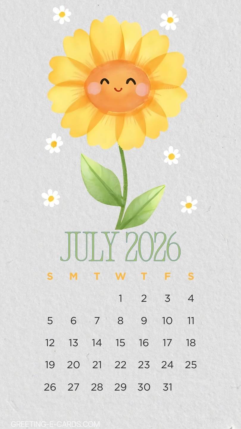 July 2026 Sunflower Calendar Phone Wallpaper - Free E-card no sign up