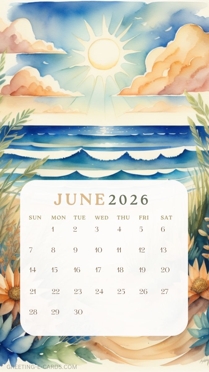 June 2026 Beach Sunset Calendar Phone Wallpaper - Free E-card no sign up