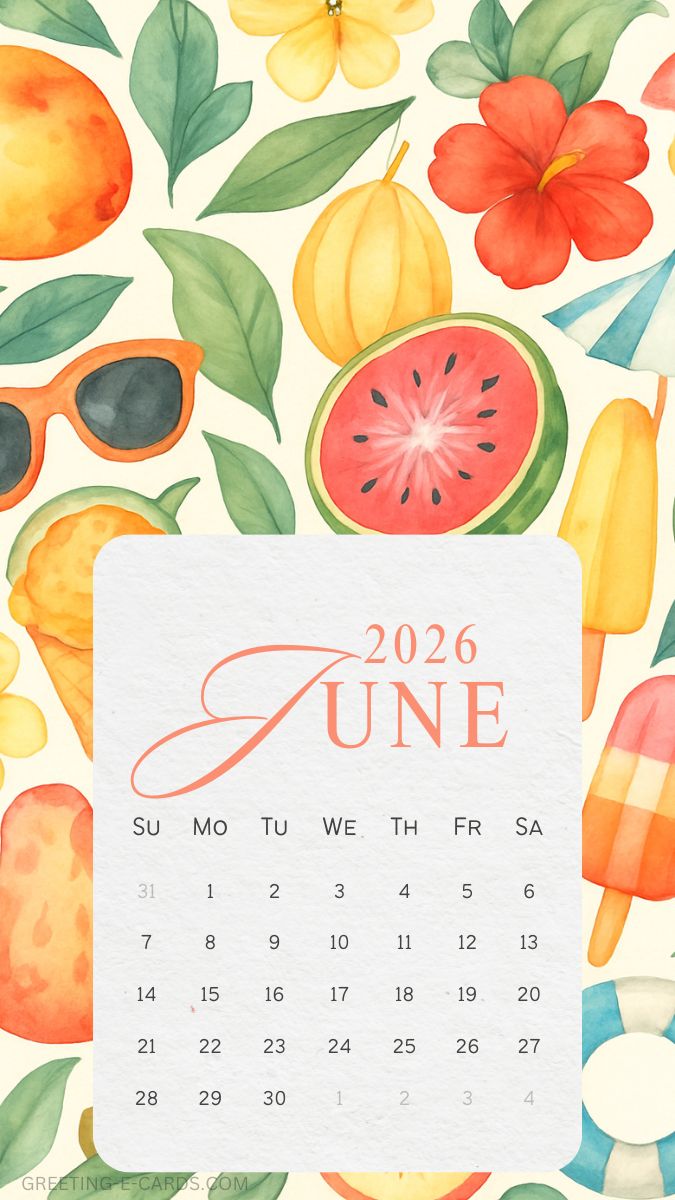 June 2026 Calendar Phone Wallpaper with Summer Fruits - Free E-card no sign up