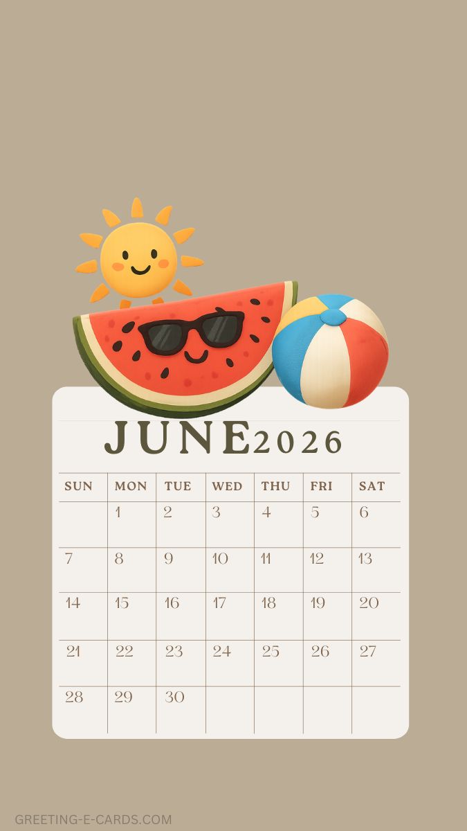 June 2026 Calendar Phone Wallpaper with Summer Watermelon - Free E-card no sign up