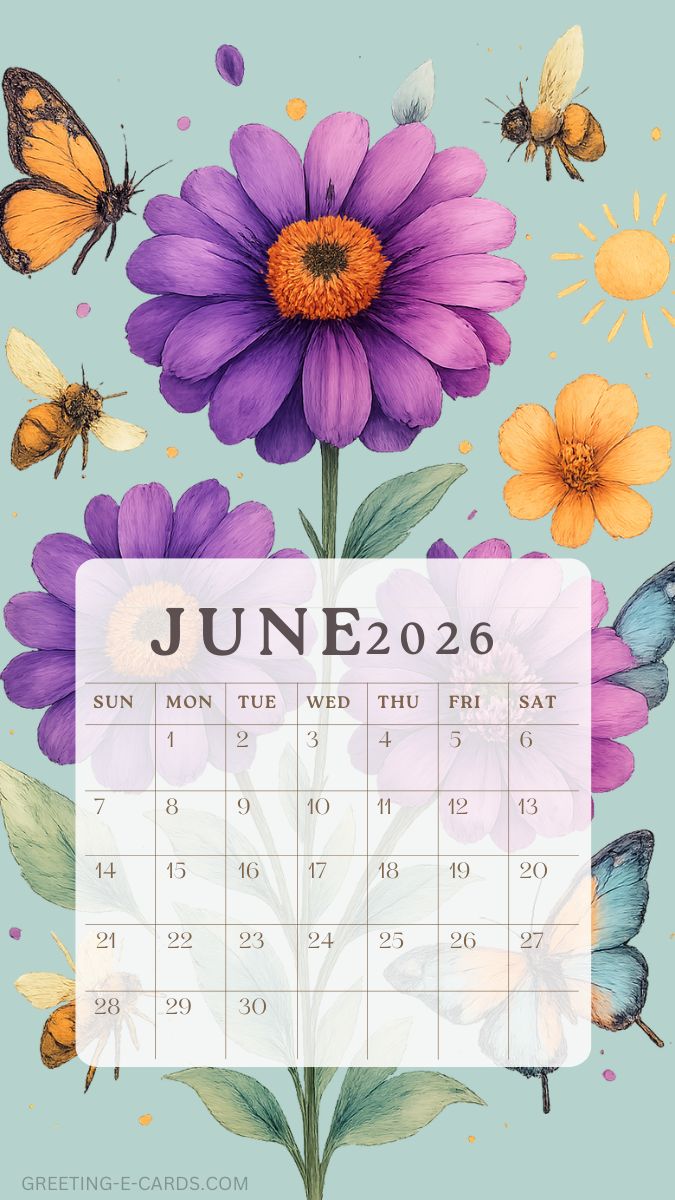 June 2026 Floral Calendar Phone Wallpaper - Free E-card no sign up