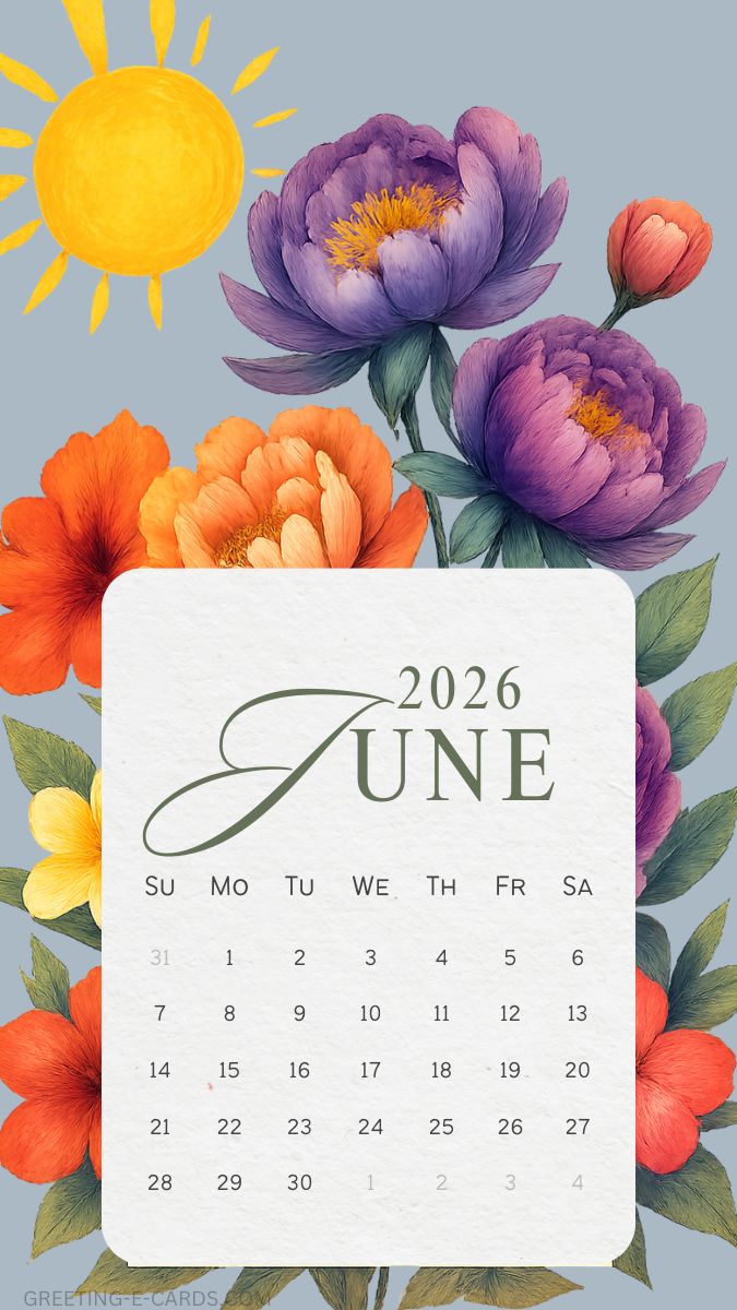 June 2026 Floral Calendar Phone Wallpaper - Free E-card no sign up