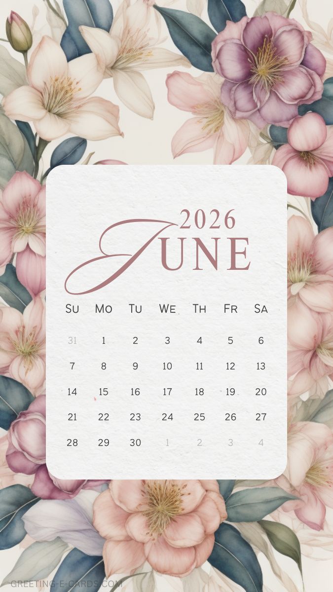 June 2026 Floral Calendar Phone Wallpaper - Free E-card no sign up