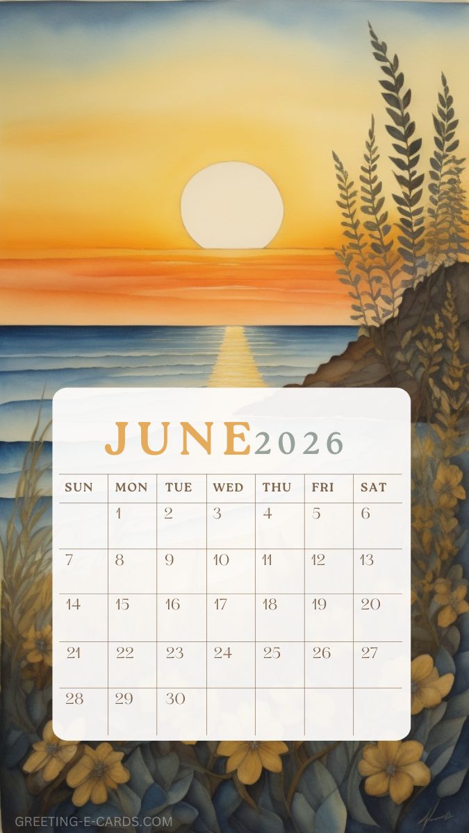 June 2026 Sunset Calendar Phone Wallpaper - Free E-card no sign up