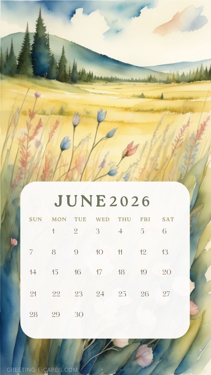 June 2026 Watercolor Nature Calendar Phone Wallpaper - Free E-card no sign up