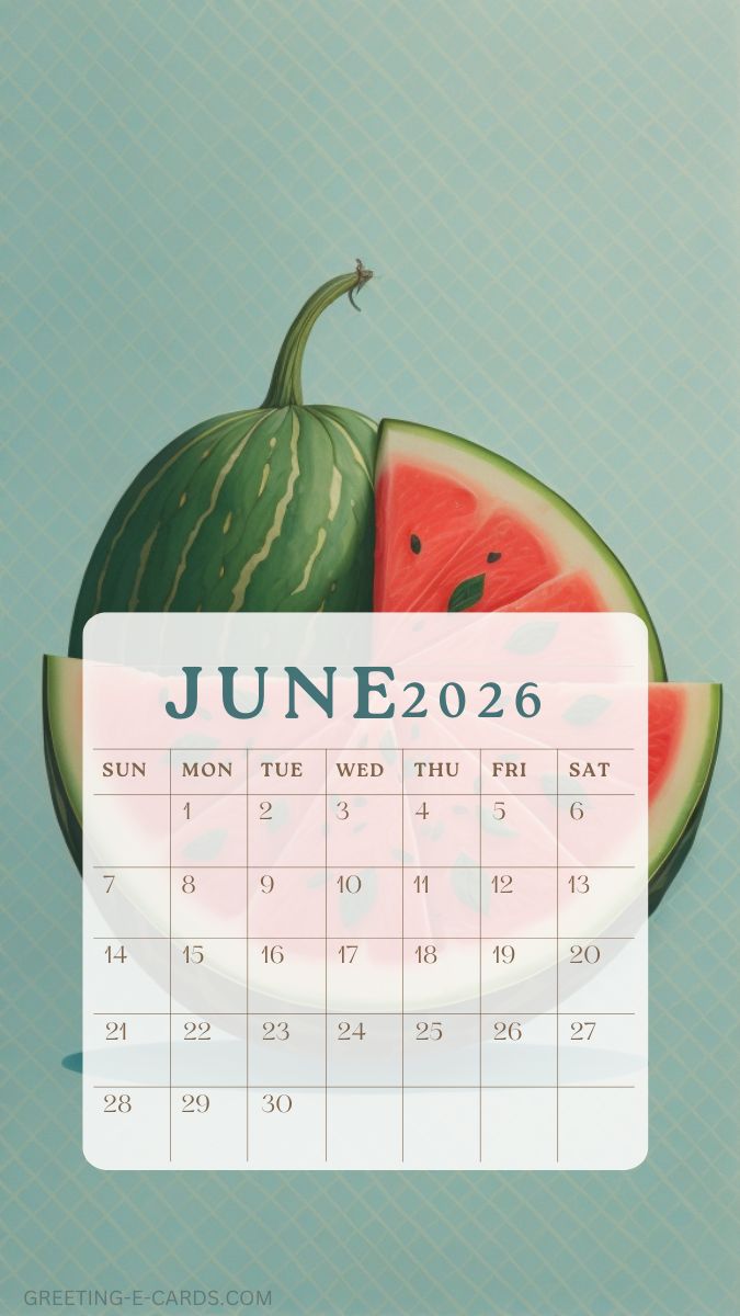 June 2026 Watermelon Calendar Phone Wallpaper - Free E-card no sign up
