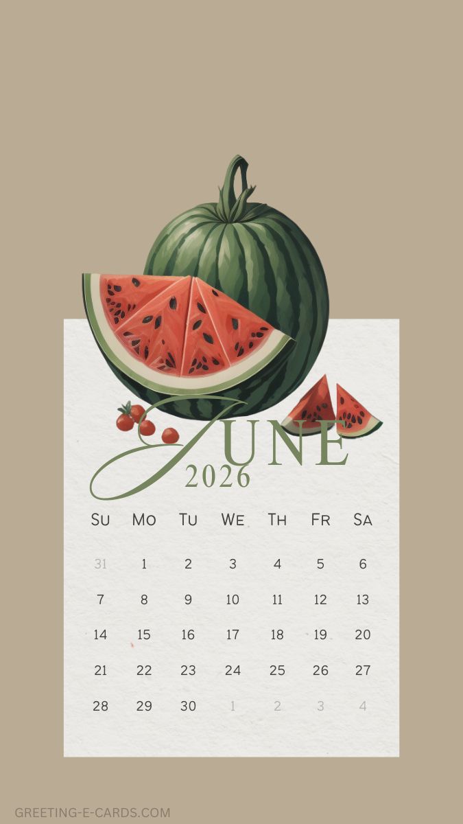 June 2026 Watermelon Calendar Phone Wallpaper - Free E-card no sign up