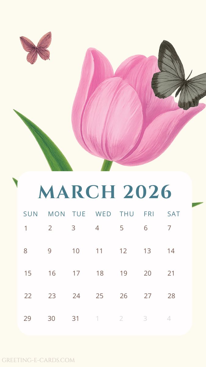 March 2026 Calendar Phone Wallpaper with Tulip - Free E-card no sign up