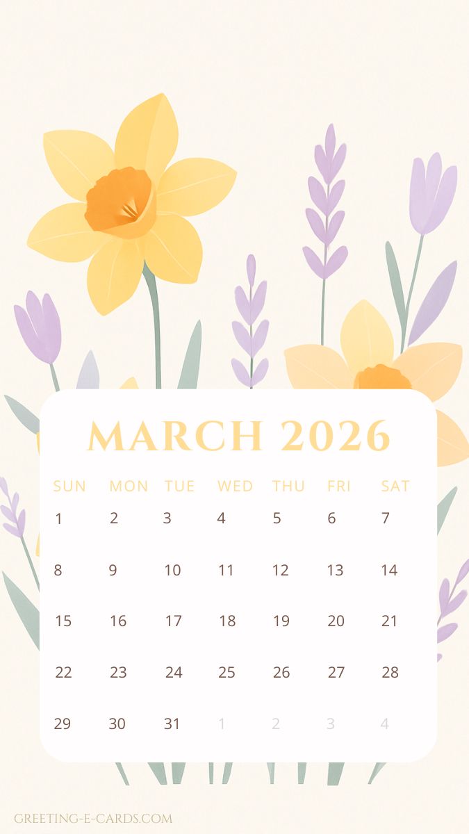 March 2026 Calendar Phone Wallpaper - Free E-card no sign up
