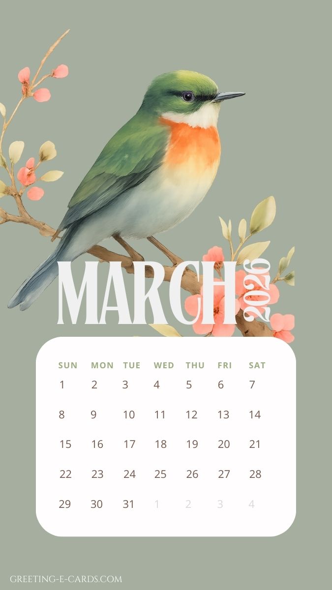 March 2026 Calendar Bird Nature Phone Wallpaper - Free E-card no sign up