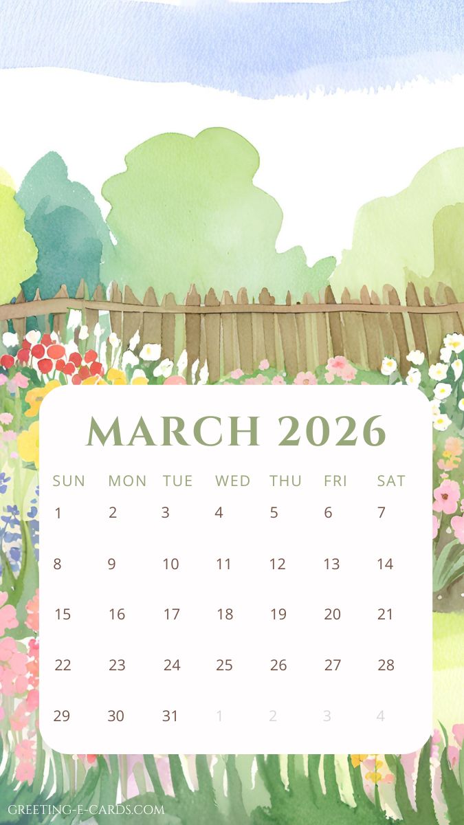 March 2026 Calendar Nature Phone Wallpaper - Free E-card no sign up