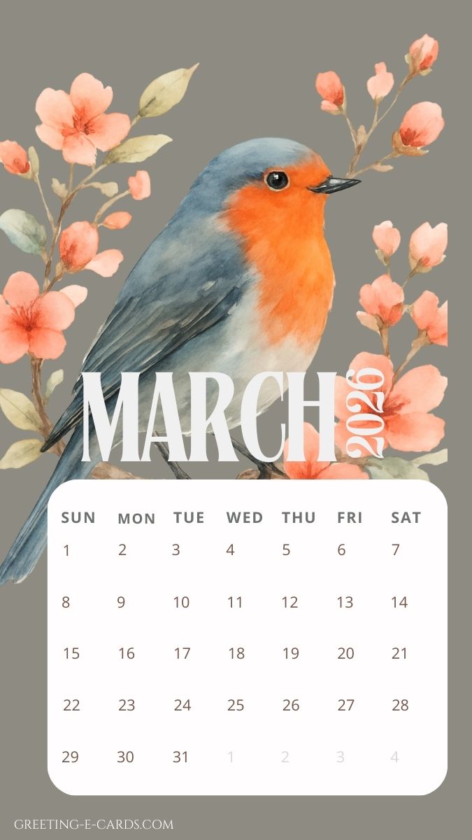 March 2026 Calendar Phone Wallpaper with Bird - Free E-card no sign up