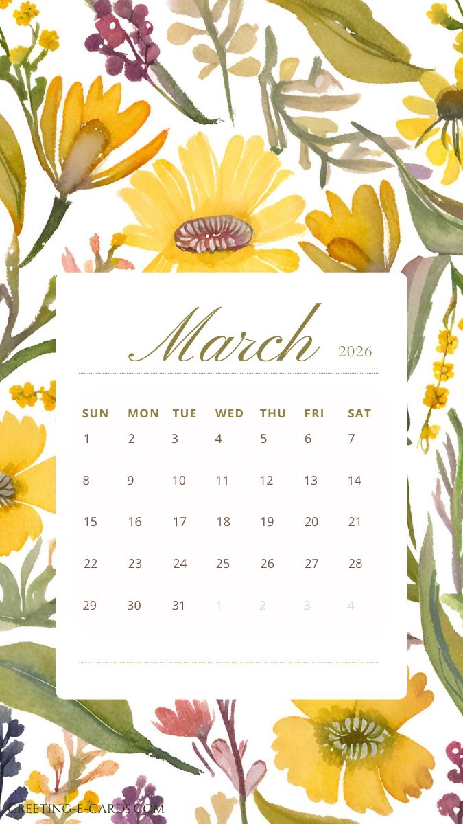 March 2026 Calendar Phone Wallpaper with Flowers - Free E-card no sign up