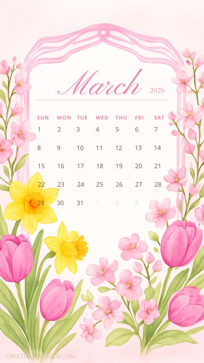 March 2026 Calendar Phone Wallpaper with Flowers - Free E-card no sign up