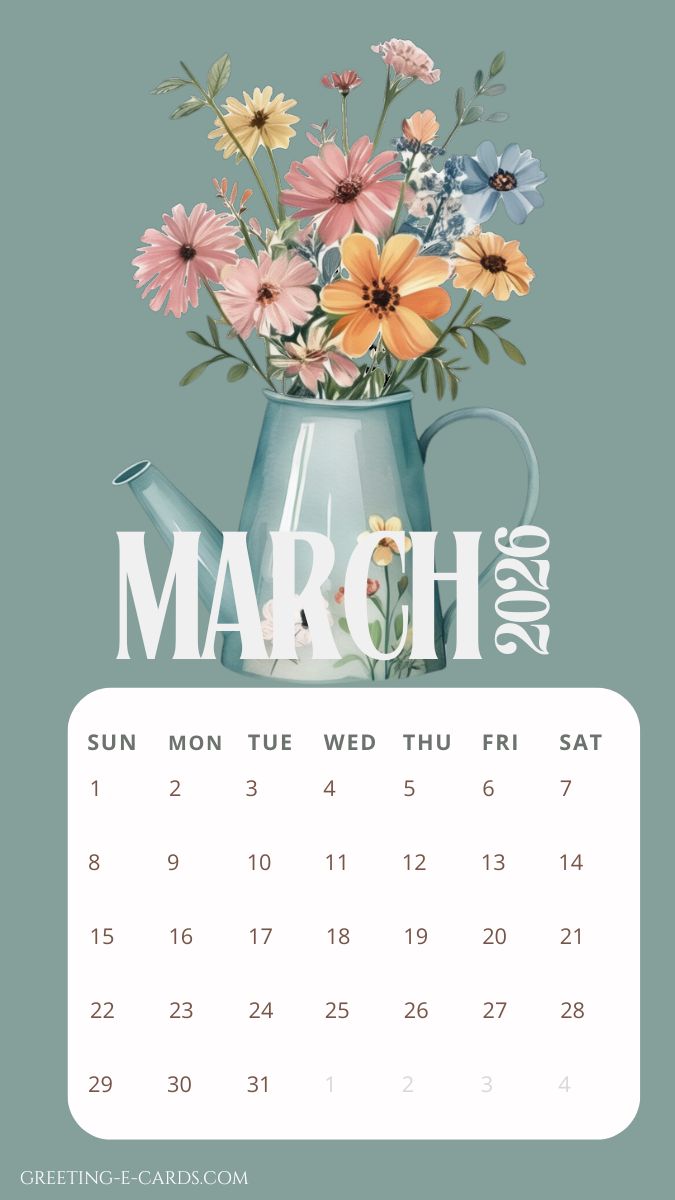 March 2026 Calendar Phone Wallpaper with Flowers - Free E-card no sign up