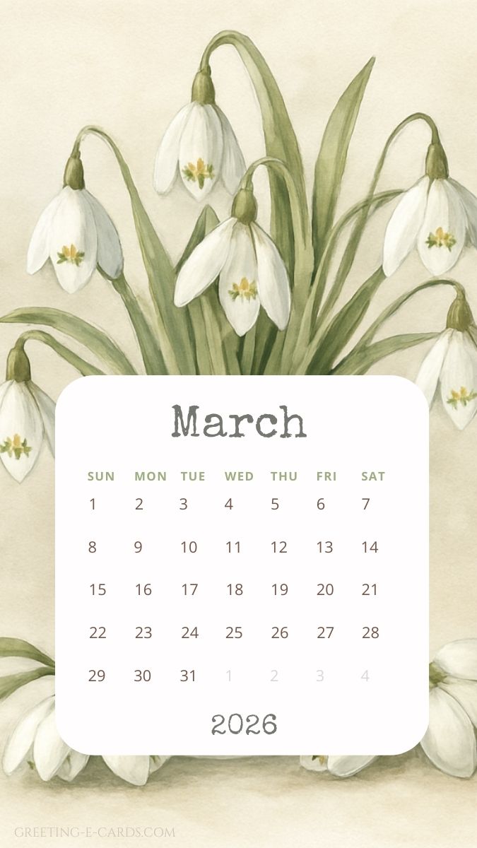 March 2026 Calendar Phone Wallpaper with White Flowers - Free E-card no sign up