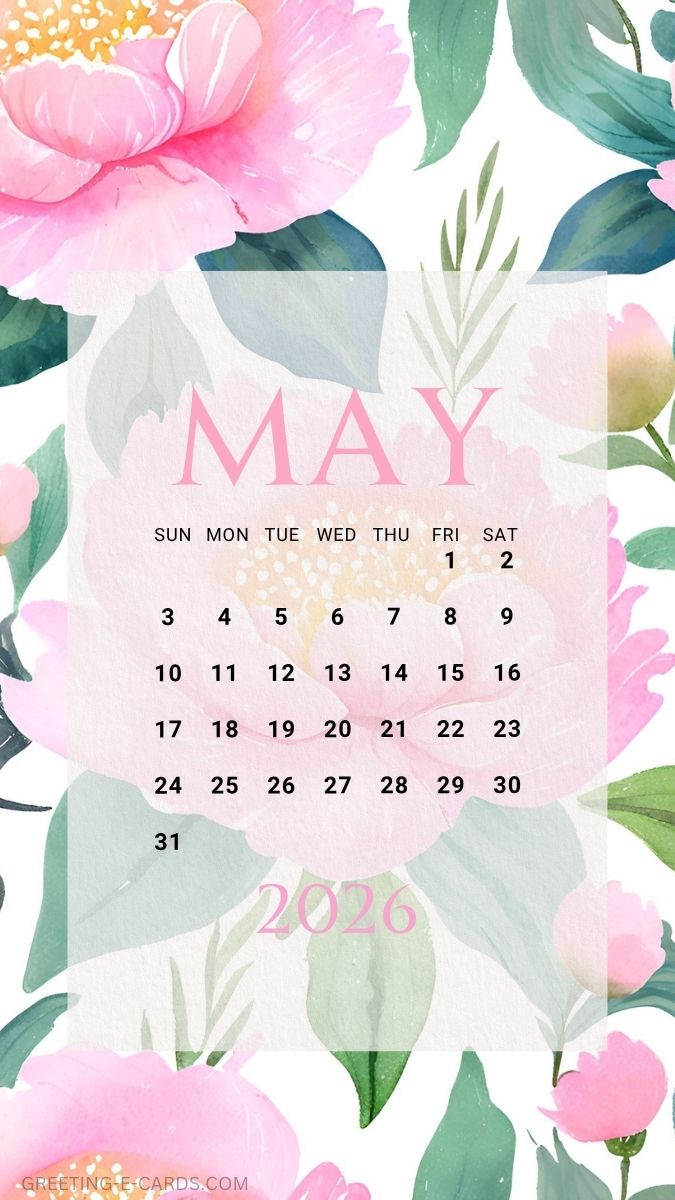 May 2026 Calendar Phone Wallpaper with Pink Flowers - Free E-card no sign up
