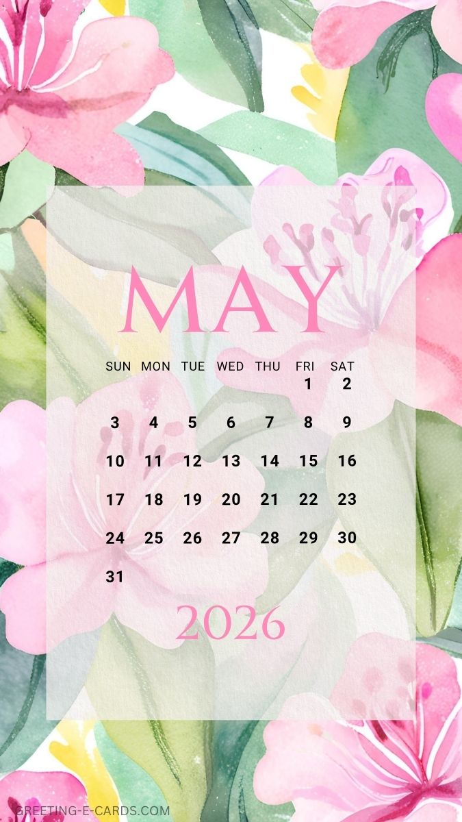 May 2026 Calendar Phone Wallpaper with Pink Flowers - Free E-card no sign up