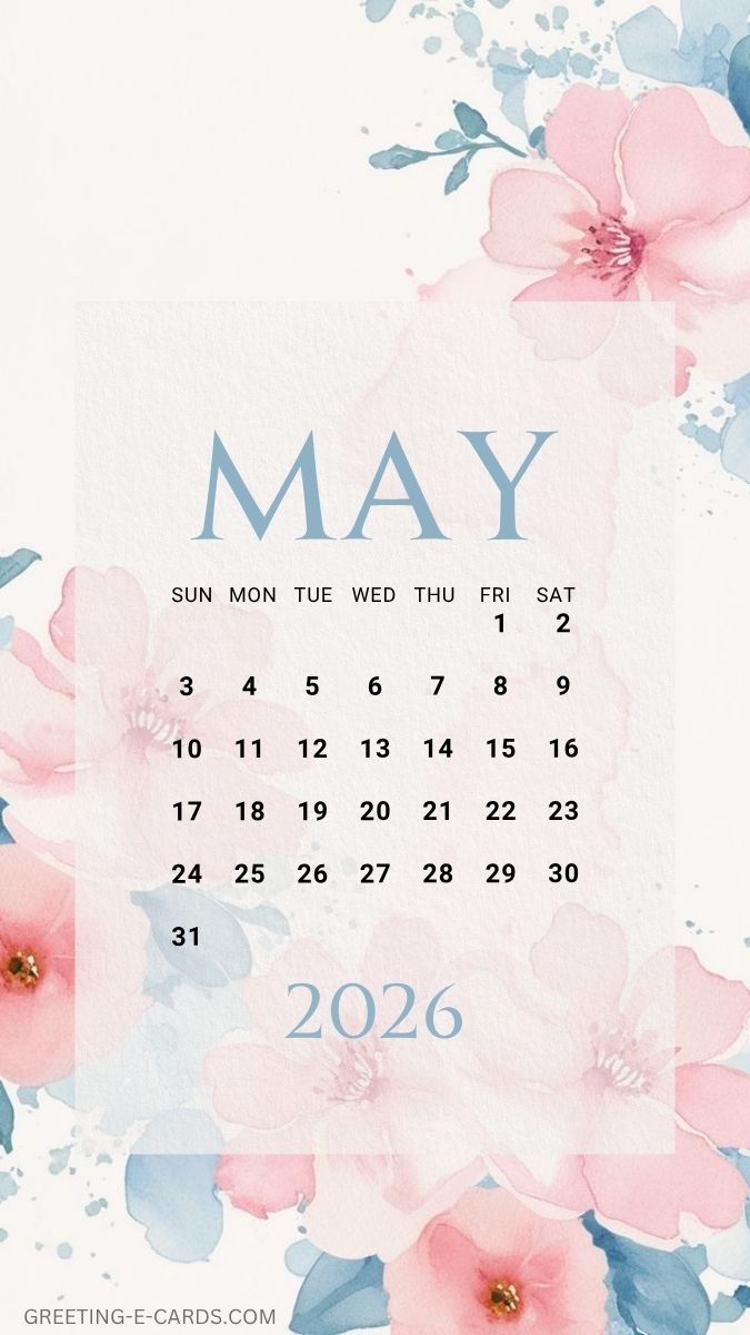 May 2026 Calendar Phone Wallpaper with Pink Flowers - Free E-card no sign up