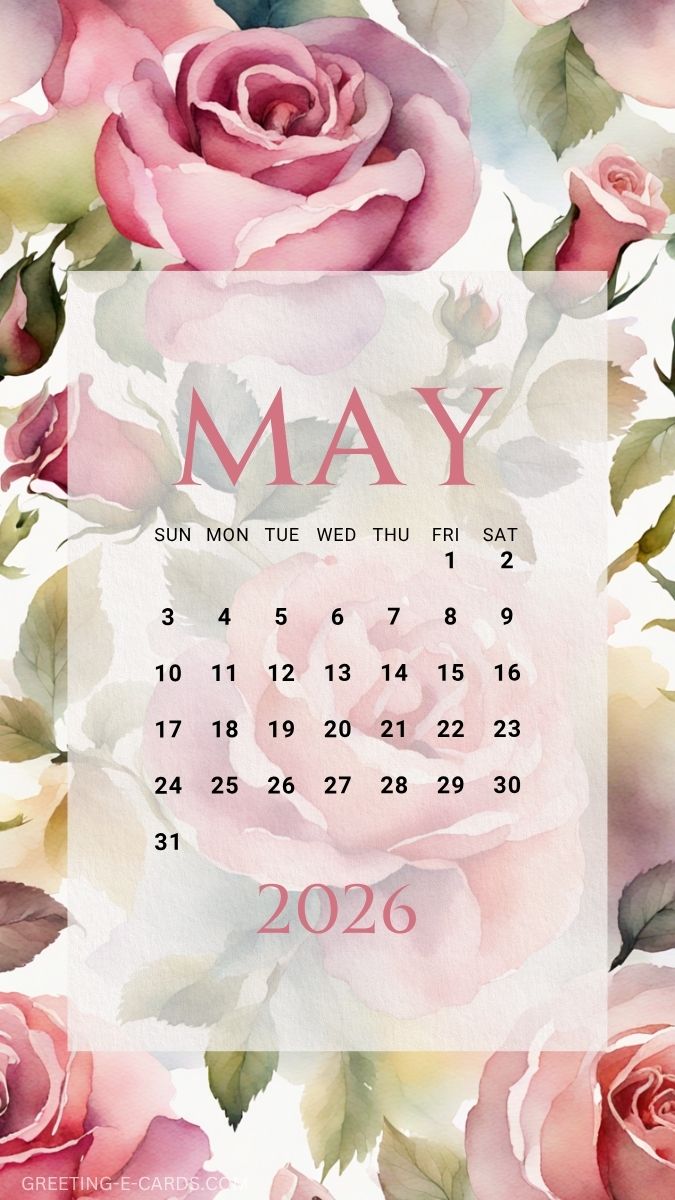 May Calendar Phone Wallpaper with Pink Roses - Free E-card no sign up