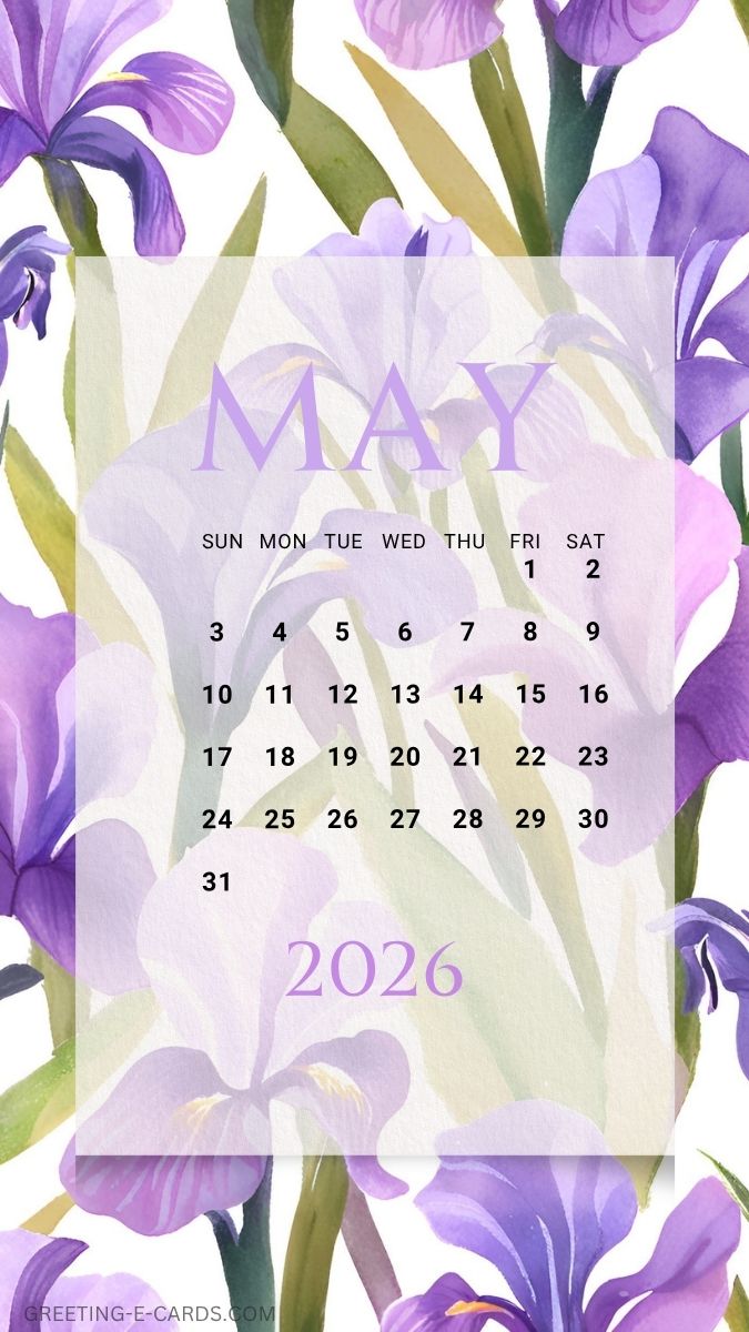 May 2026 Calendar Phone Wallpaper with Purple Flowers - Free E-card no sign up