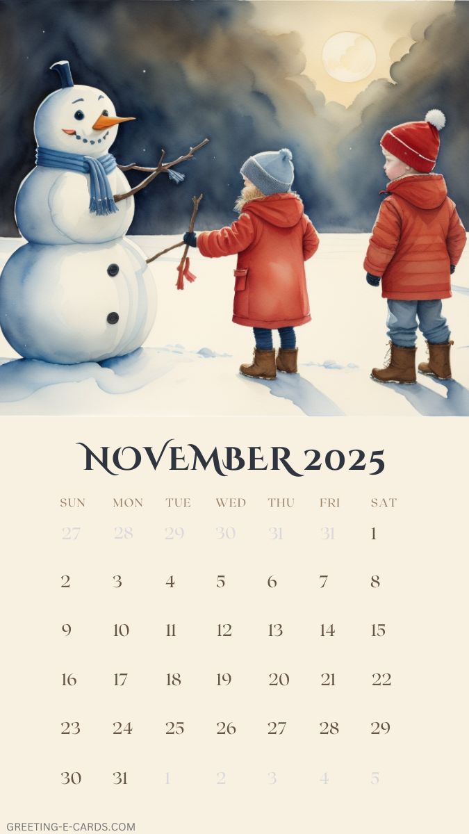 November 2025 Calendar Phone Wallpaper with Snowman