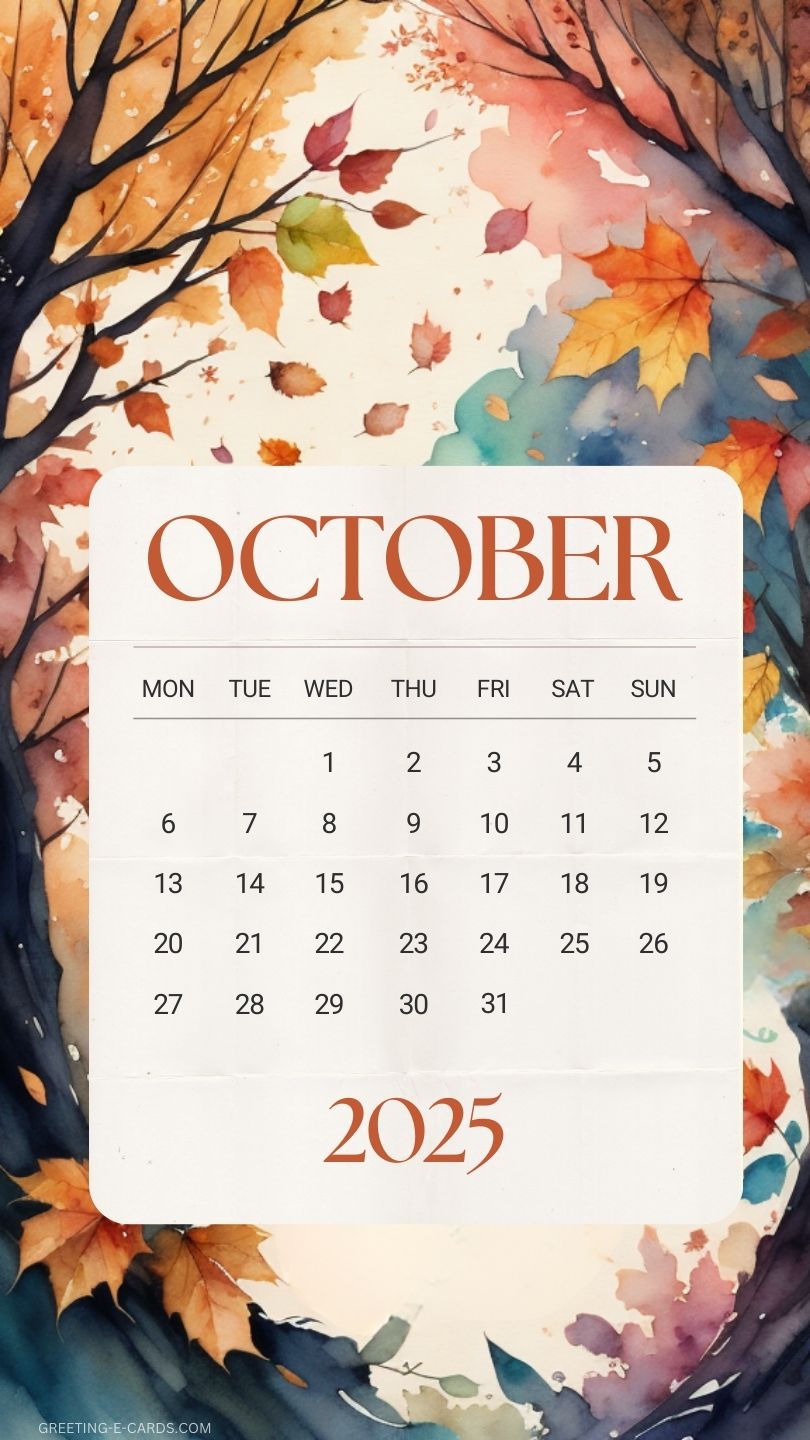 October 2025 Calendar Phone Wallpaper with Autumn Leaves