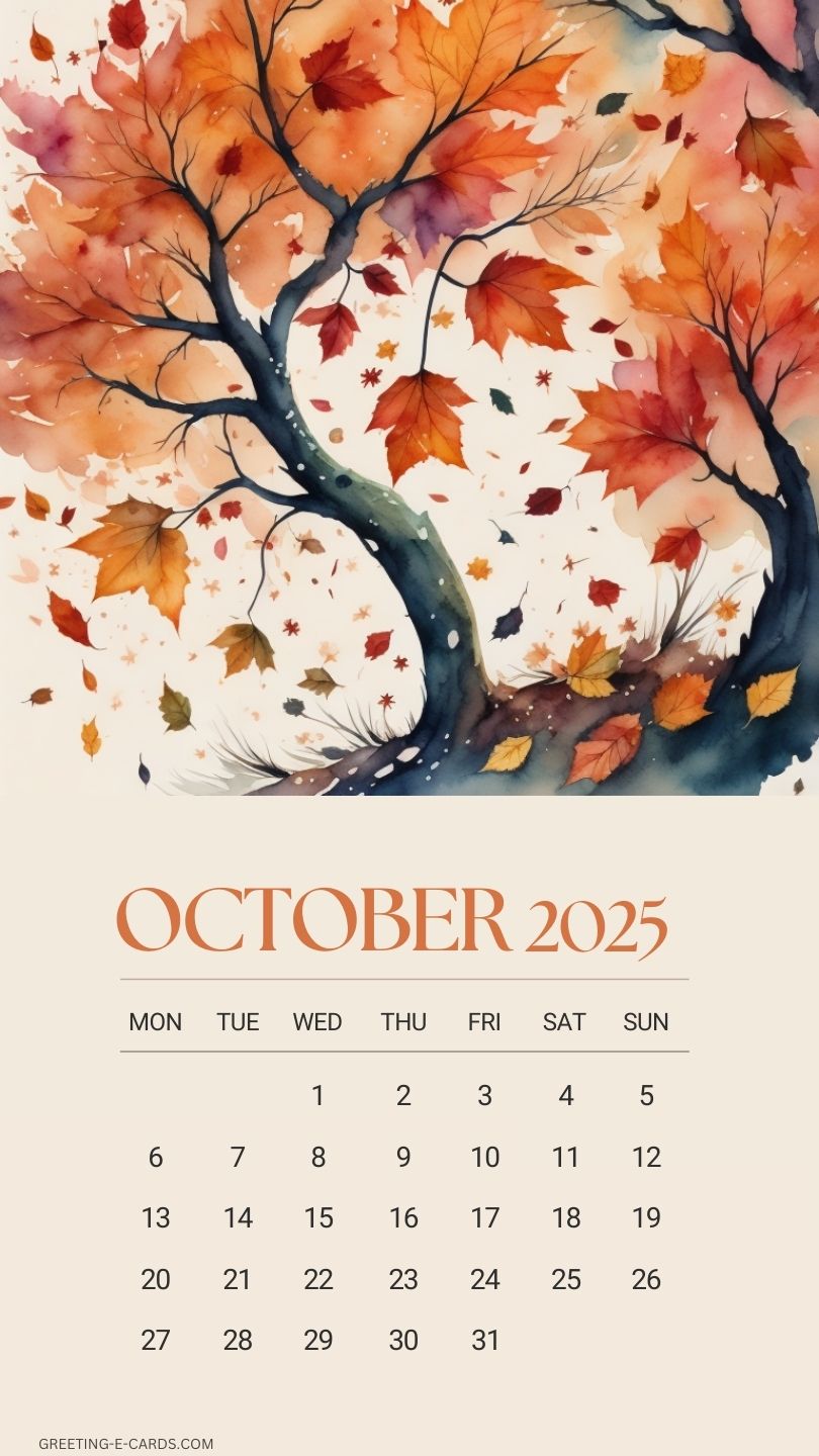 October 2025 Fall Leaves Calendar Phone Wallpaper