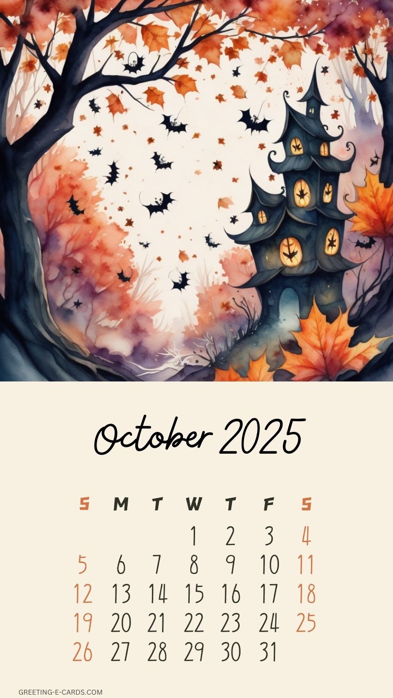 October 2025 Halloween Phone Wallpaper with Haunted House