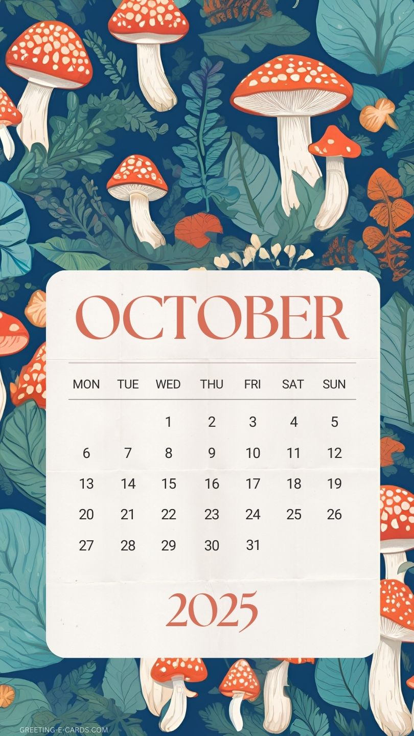 October 2025 Mushroom Calendar Phone Wallpaper