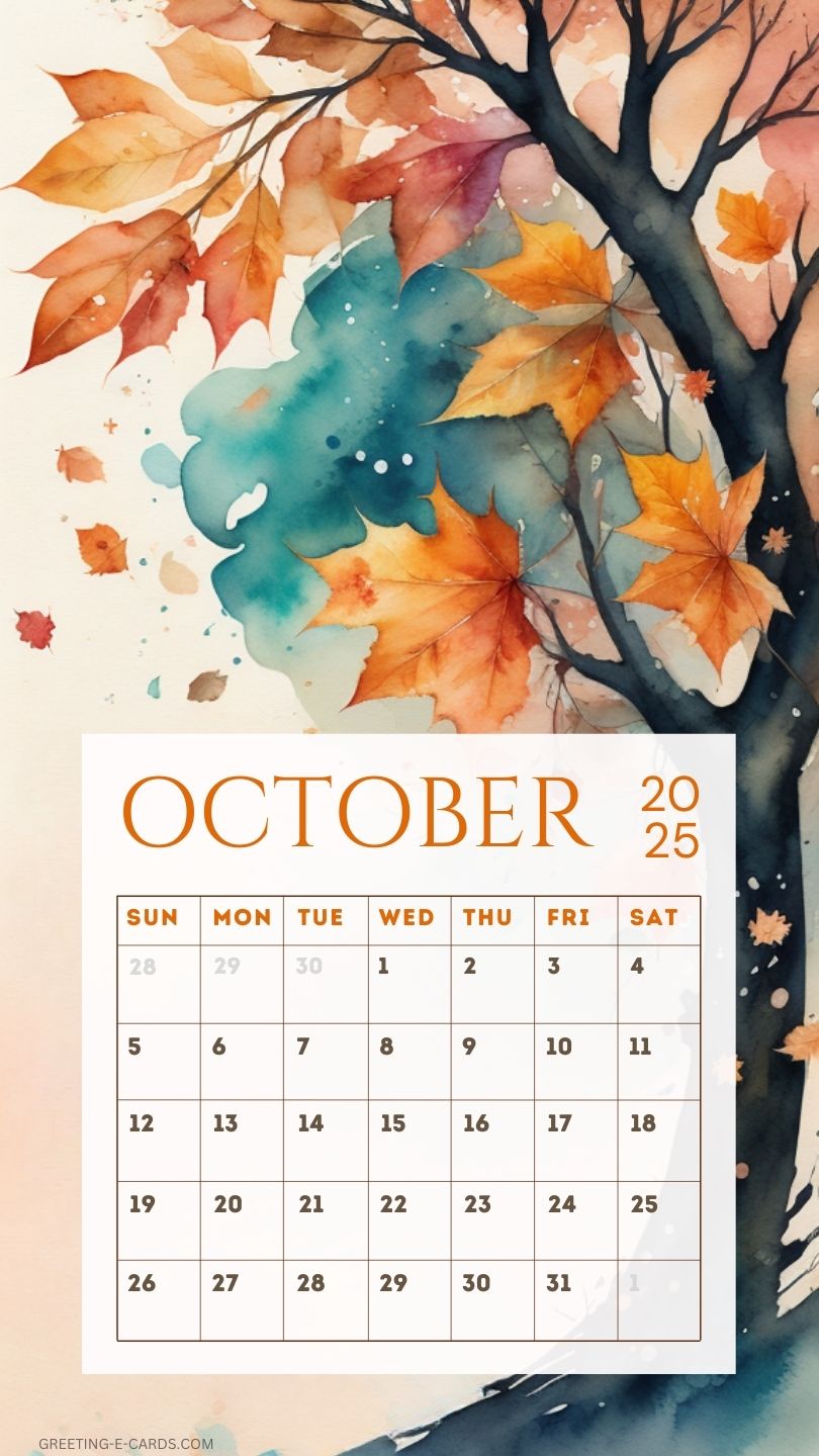 October Calendar Phone Wallpaper with Autumn Leaves