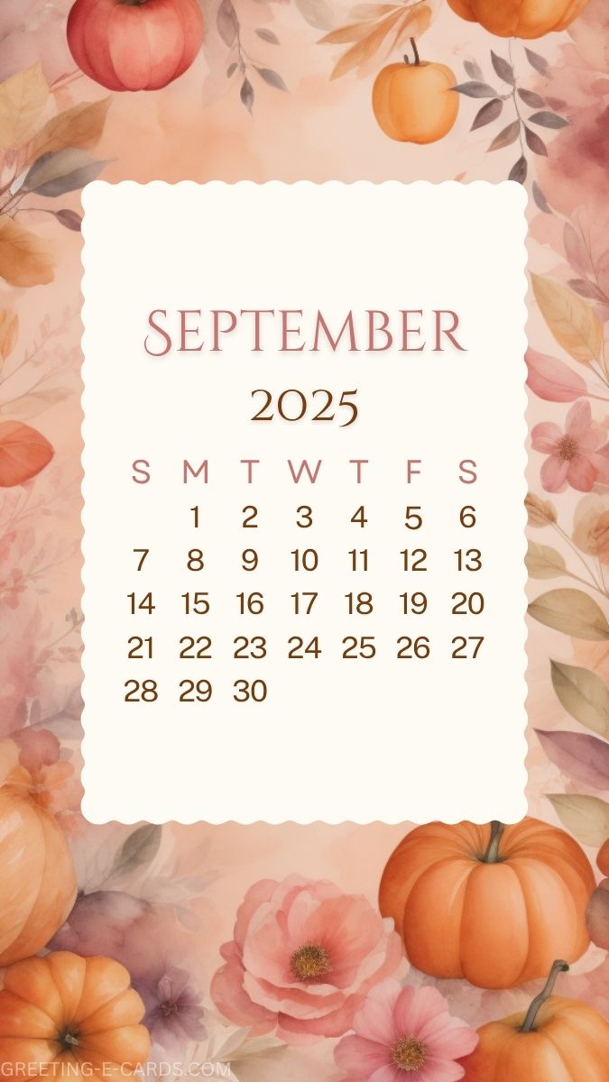 September 2025 Calendar Phone Wallpaper with Pumpkins and Flowers