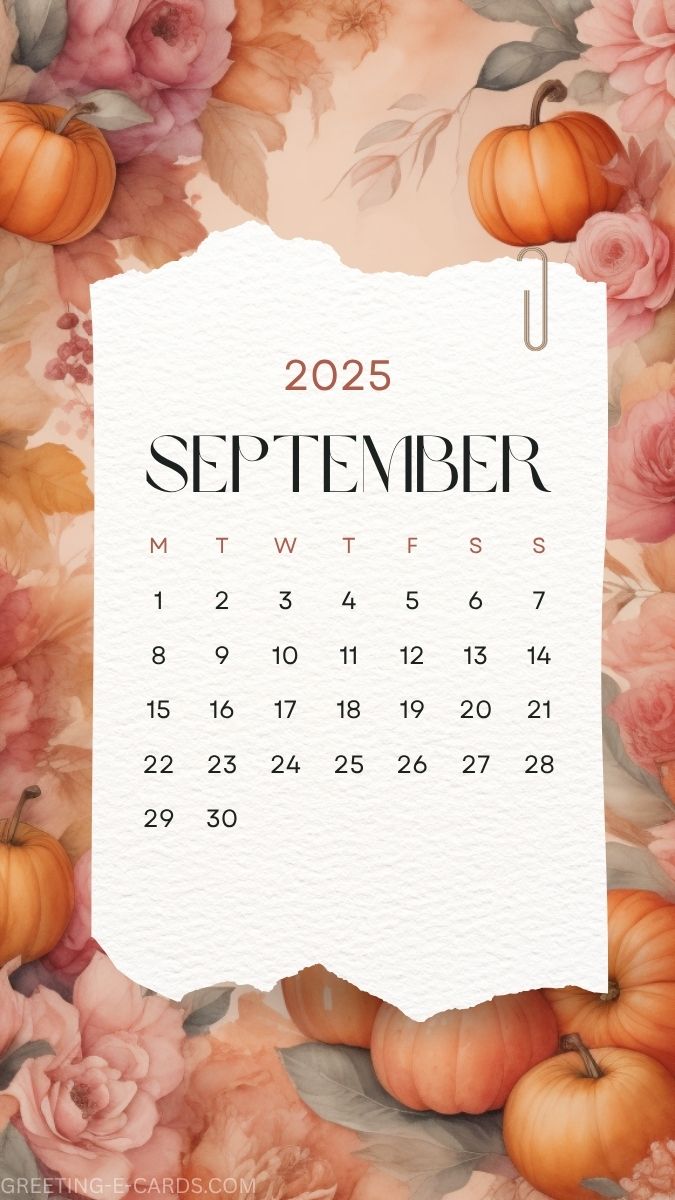 September 2025 Calendar Phone Wallpaper with Pumpkins and Flowers