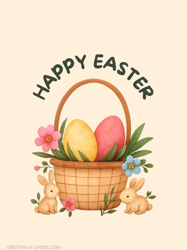 Cute Easter E-Card with Bunnies and Eggs - Free E-card no sign up