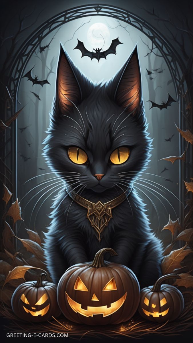 Spooky Black Cat Halloween Phone Wallpaper
