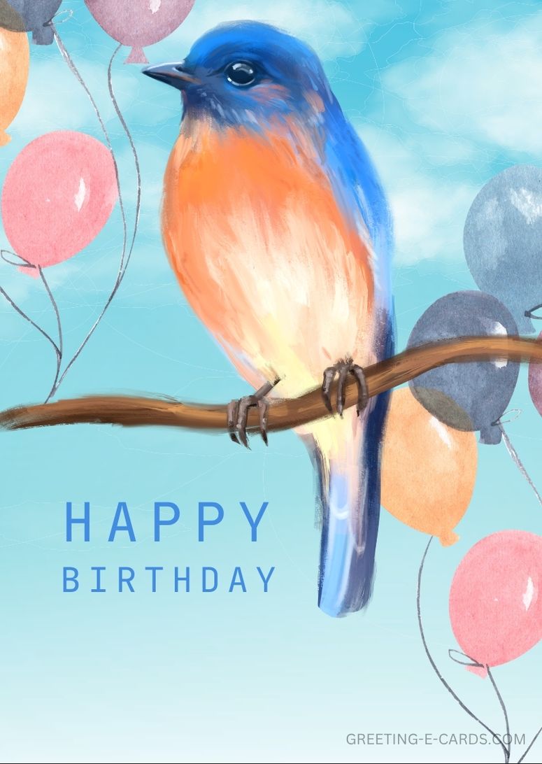 Happy Birthday E-Card with Bird and Balloons