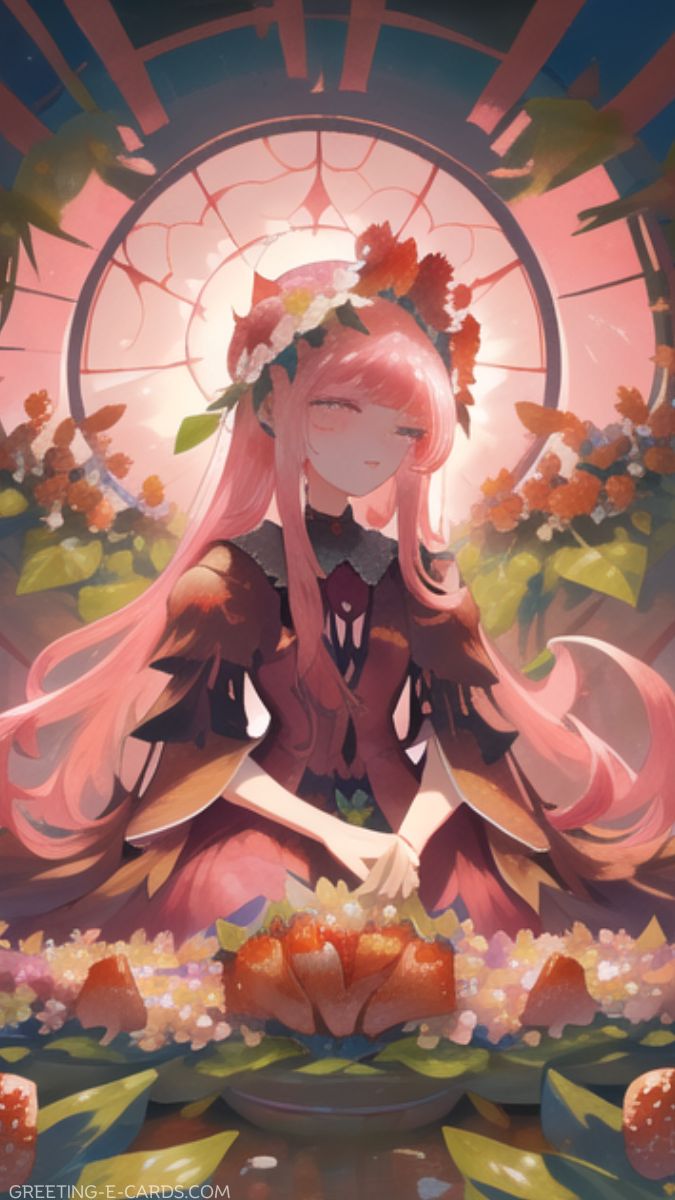 Pink-Haired Girl with Flowers Phone Wallpaper