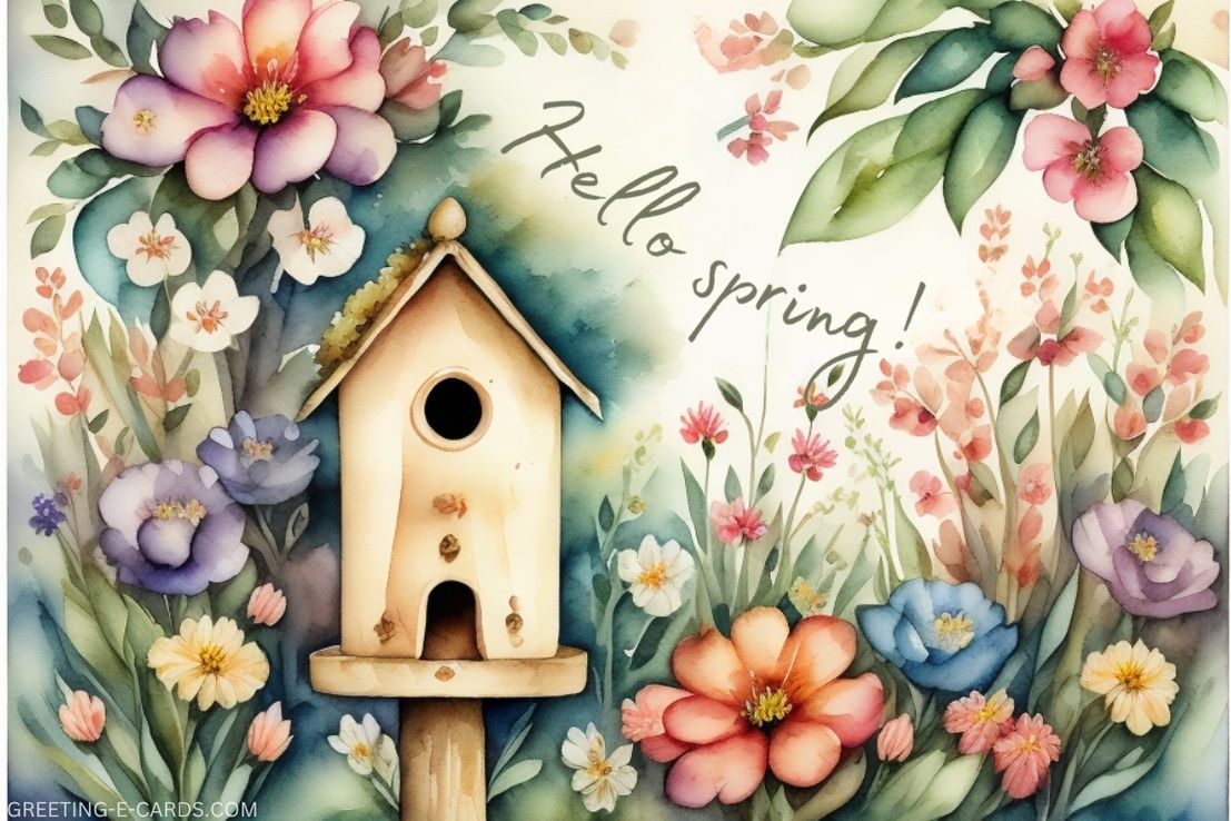 Hello Spring! Watercolor Birdhouse E-Card