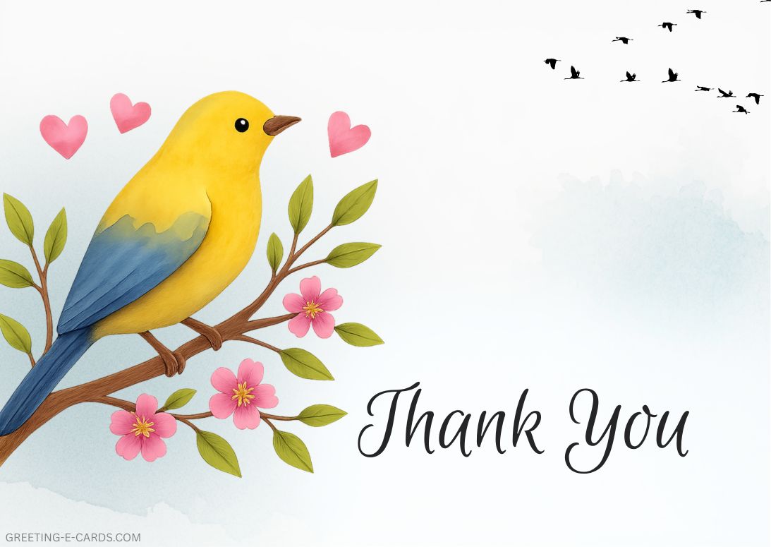 Cute Bird Thank You E-Card with Flowers - Free E-card no sign up