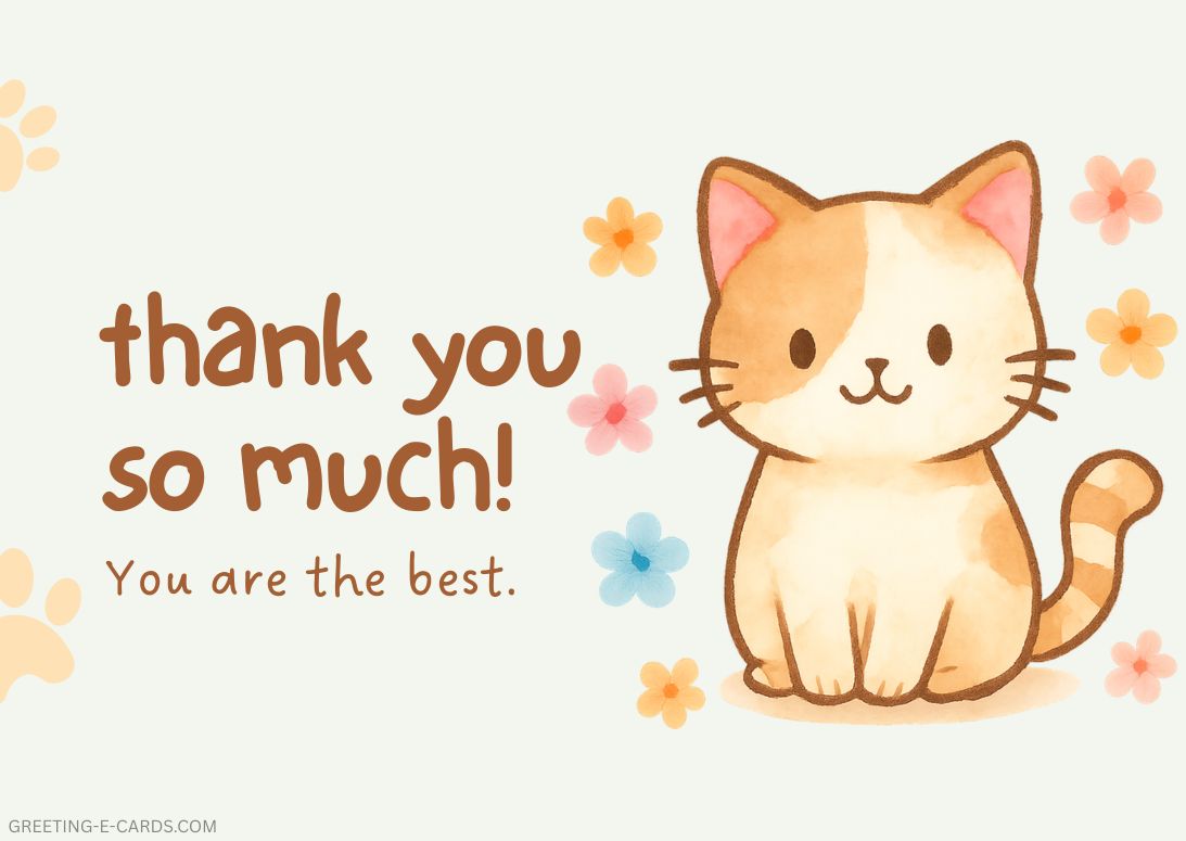 Cute Cat Thank You E-Card with Flowers - Free E-card no sign up
