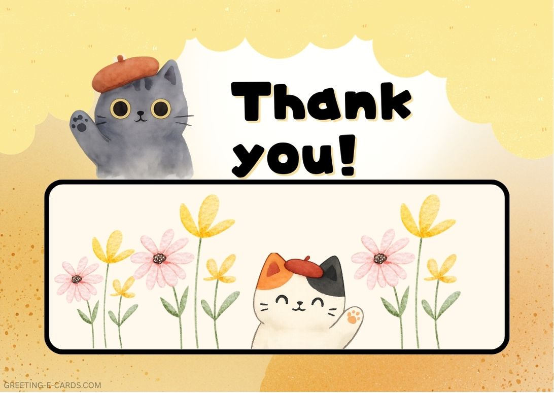 Cute Cat Thank You E-Card with Flowers - Free E-card no sign up